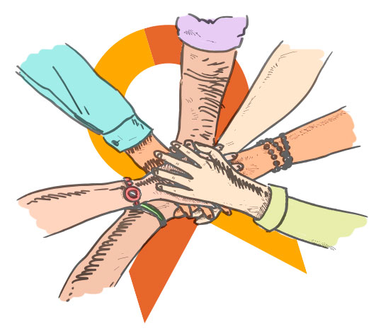 Varios manos entrelazadas sobre un lazo naranja